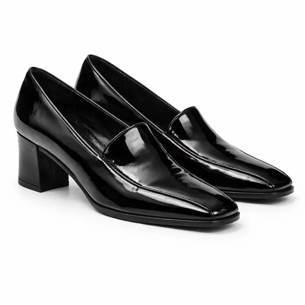 NWT Sesto Meucci Black Patent Leather Mid Block Heel Loafers